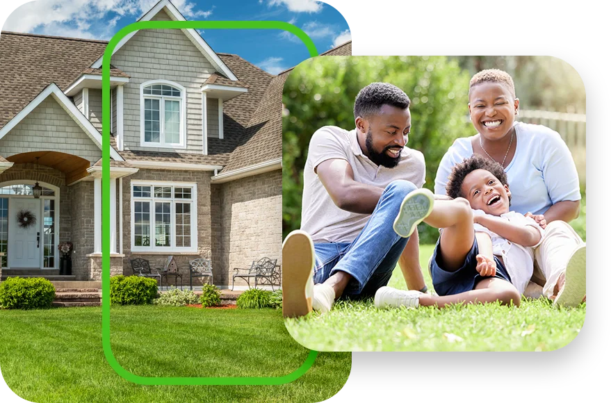 house and family on lawn laughing