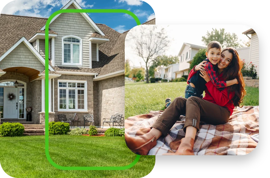 house with healthy green yard mother and son on blanket 