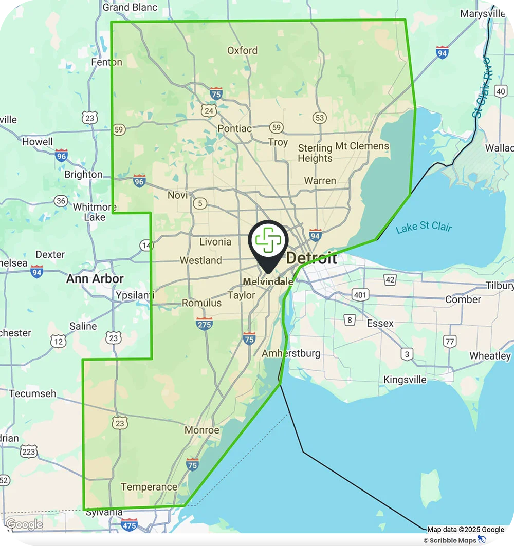 Turf Doctor service area map around Melvindale, MI