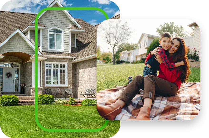 house with healthy green yard mother and son on blanket 